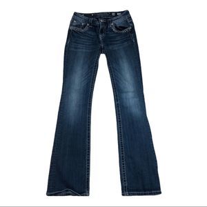 Miss me size 28 mid-rise bootcut jeans, button flap pockets with cute designs